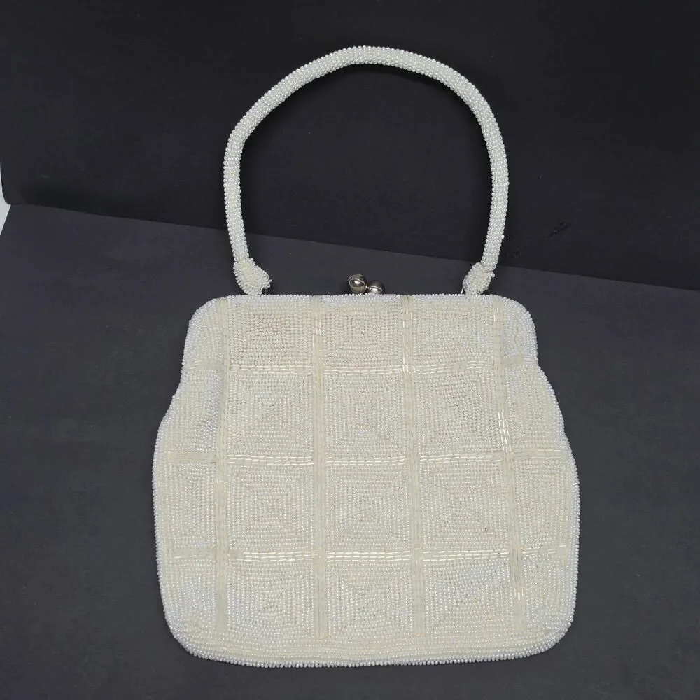 Vintage Debbie Ivory Beaded Purse Handmade In Japan Rhinestone Kisslock Wedding